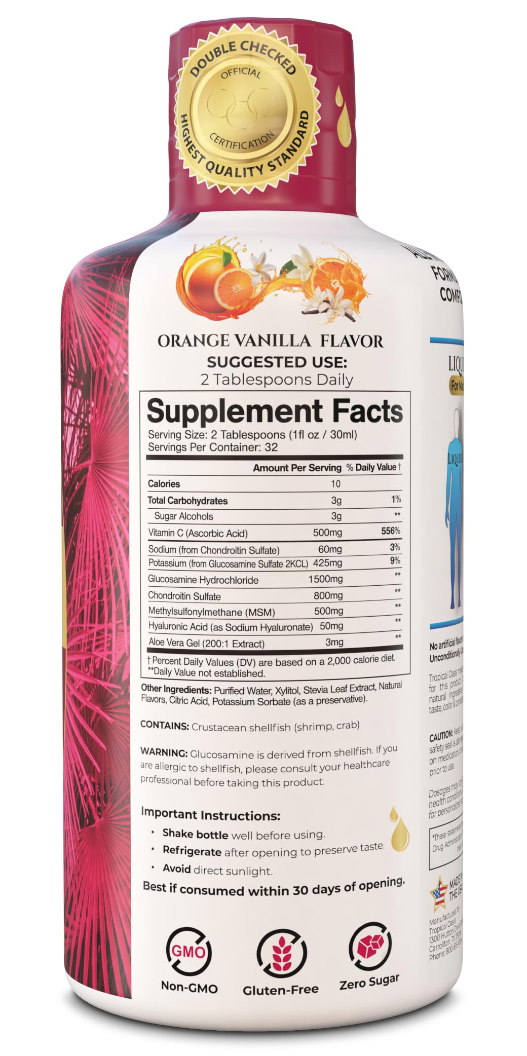 Tropical Oasis detalle de la etiqueta con lista de glucosamina, condroitina, MSM y ácido hialurónico