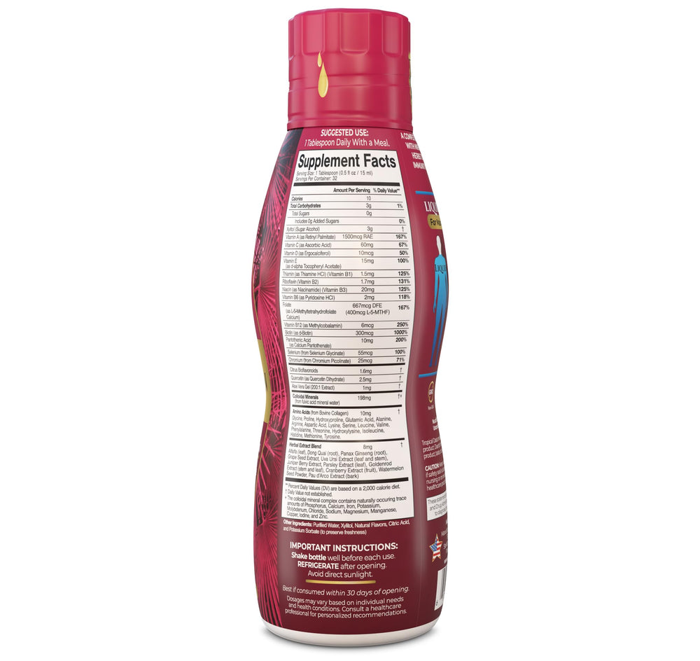 Tropical Oasis etiqueta con lista de 125 nutrientes para información clara