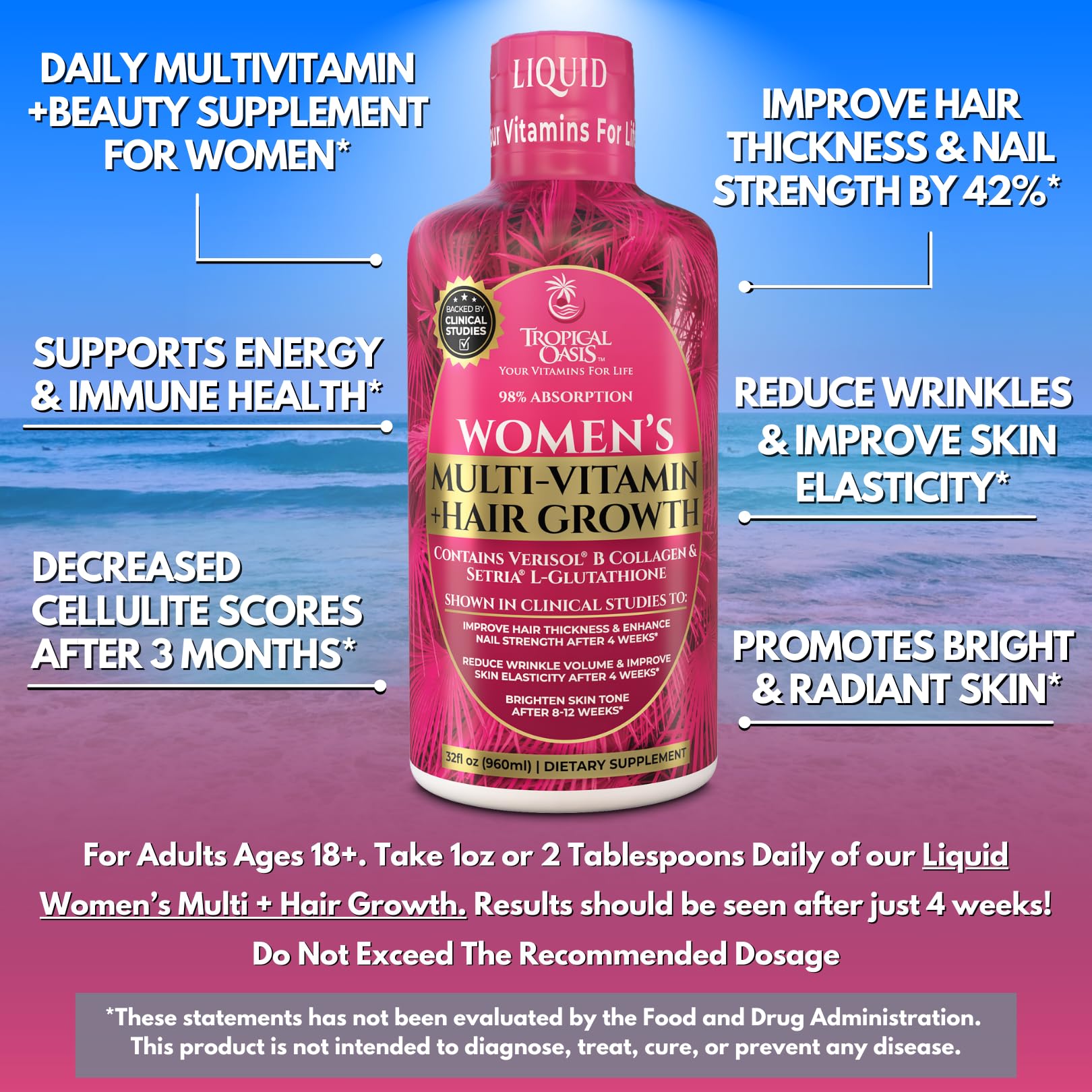 Tropical Oasis etiqueta con ingredientes clave y dosis por servicio