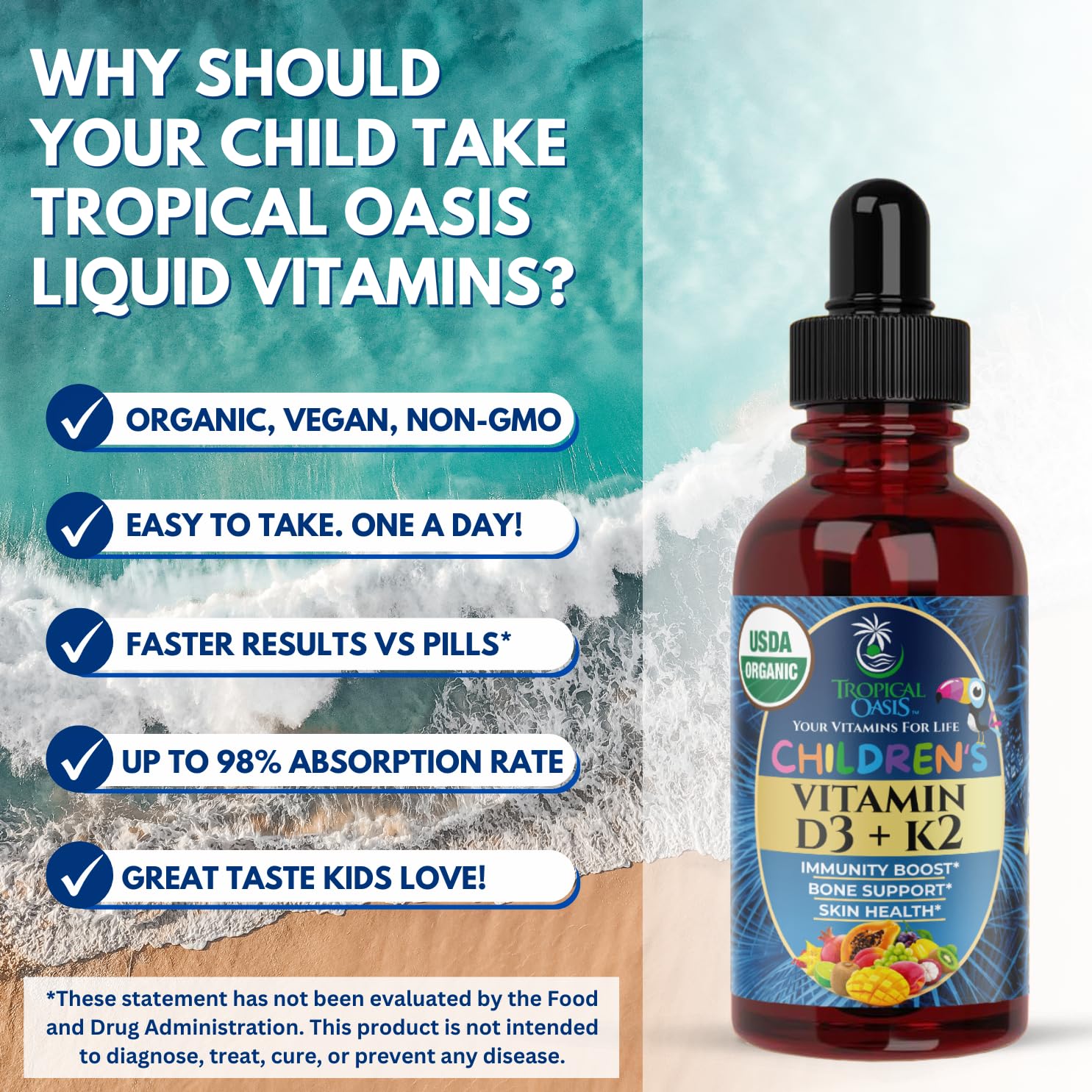 Tropical Oasis etiqueta nutricional clara indicando dosis y orgánico