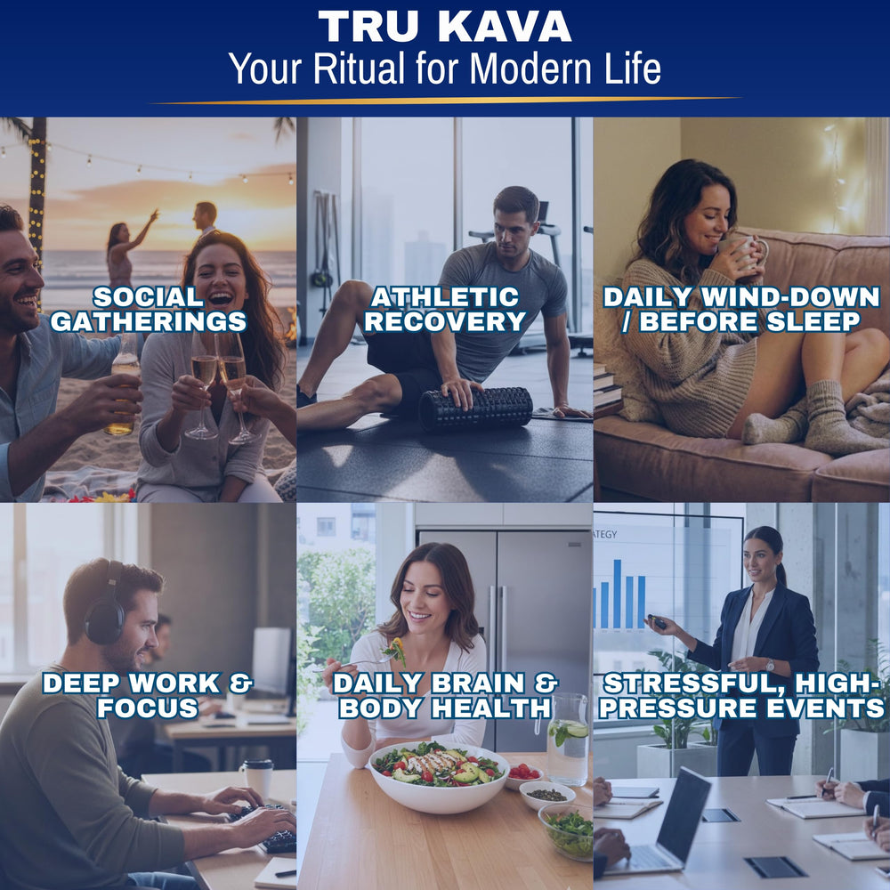 Tru Kava sobre abierto con polvo en cuchara listo para mezclar
