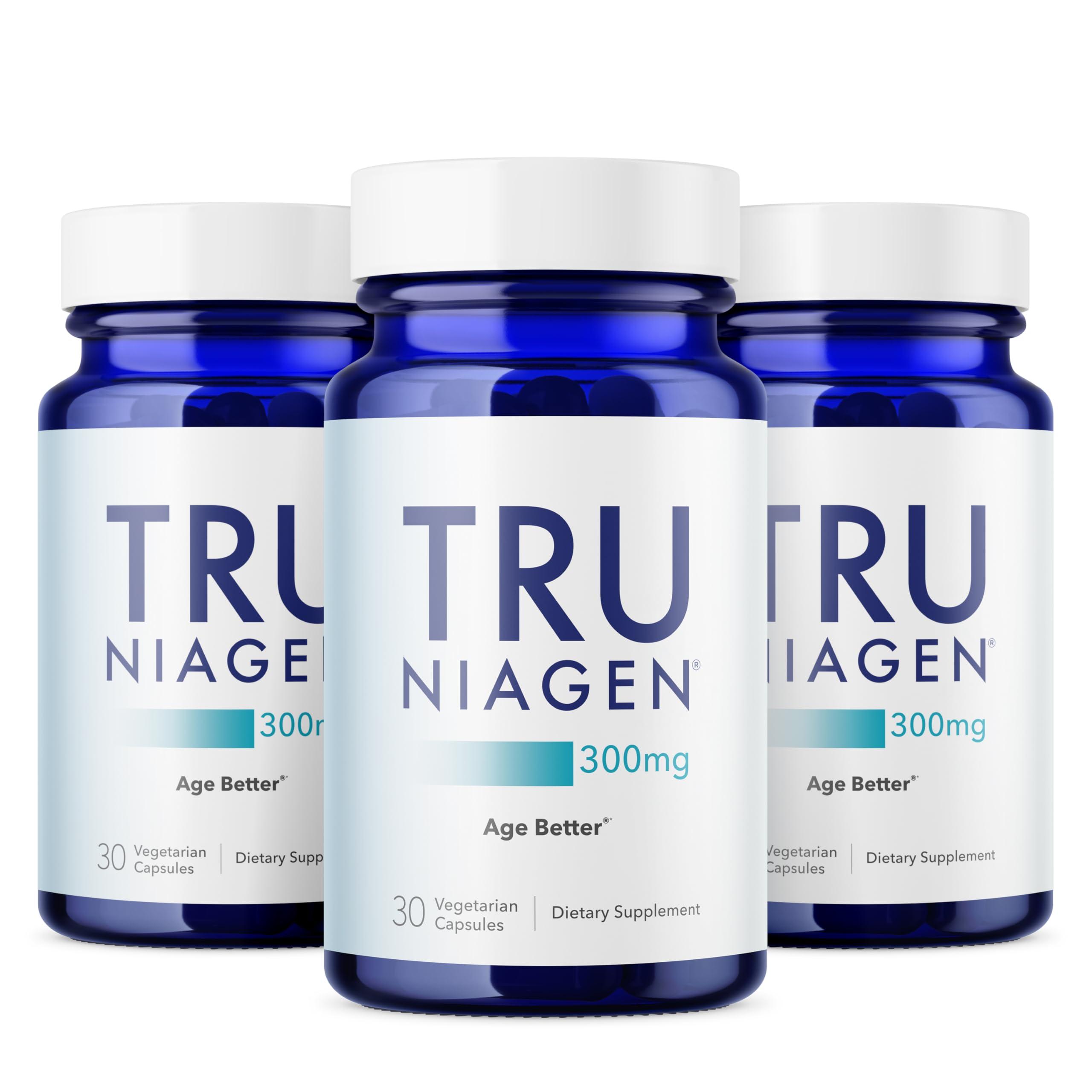 TRU NIAGEN frasco frontal mostrando el diseño y cantidad para fácil identificación y confianza