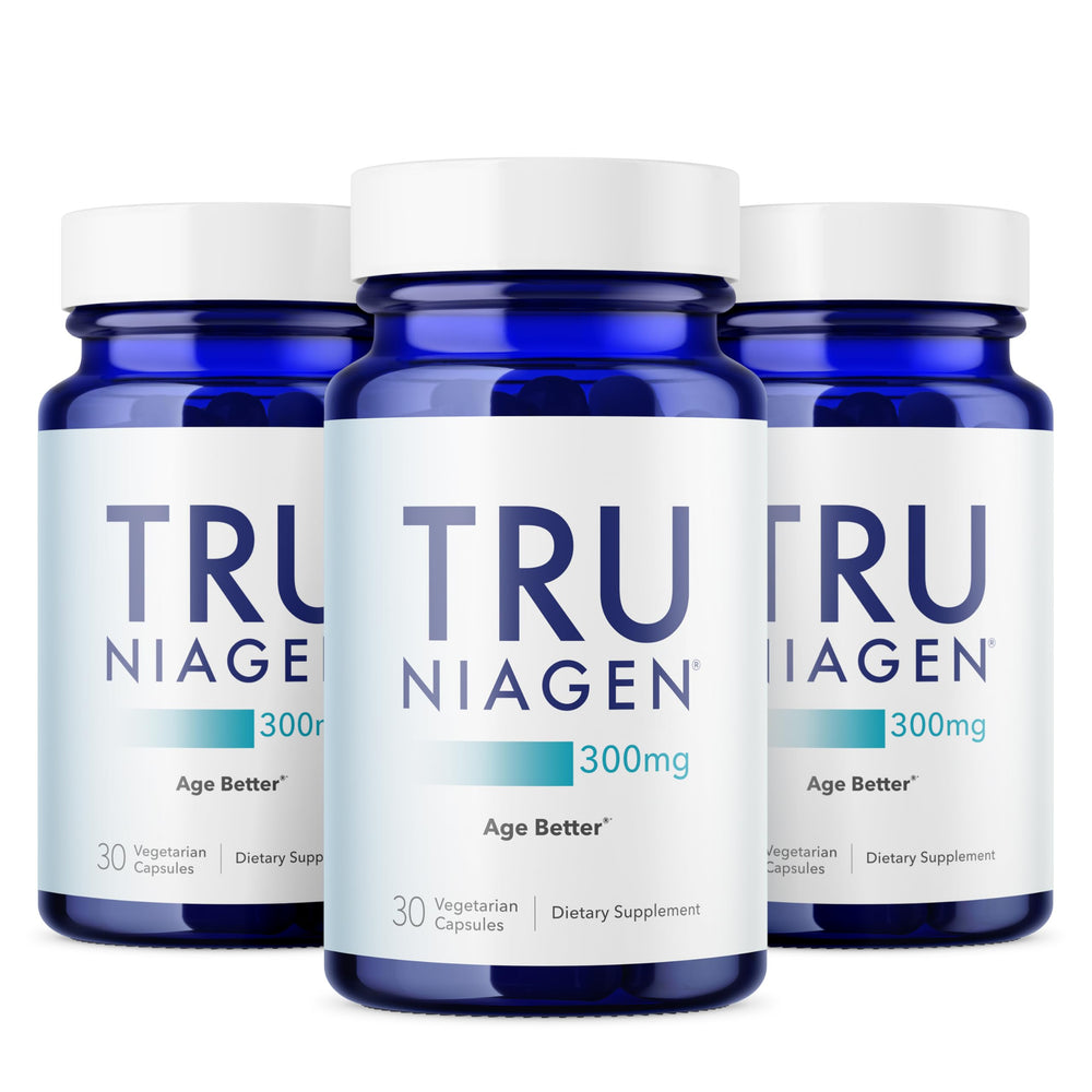 TRU NIAGEN frasco frontal mostrando el diseño y cantidad para fácil identificación y confianza