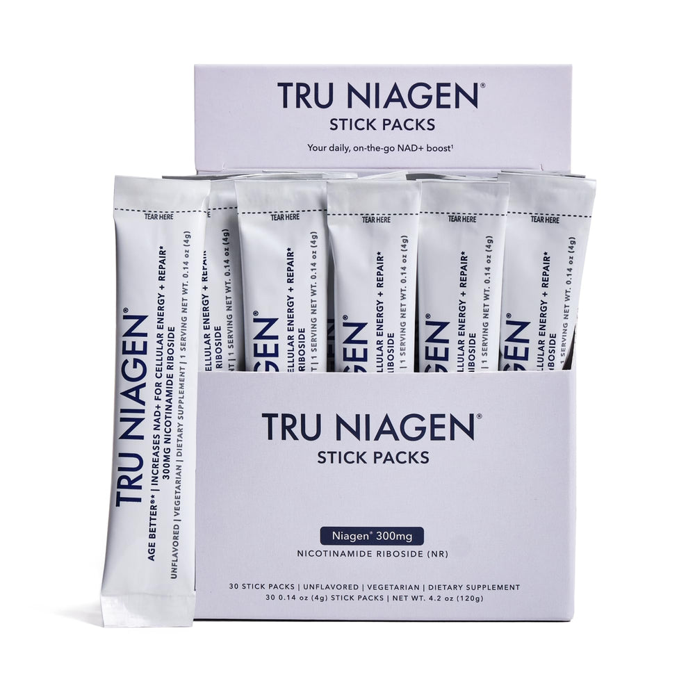TRU NIAGEN empaque frontal mostrando sobres y beneficio de portabilidad