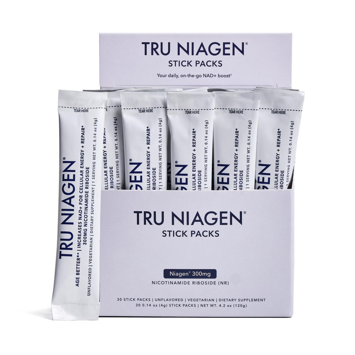 TRU NIAGEN empaque frontal mostrando sobres y beneficio de portabilidad