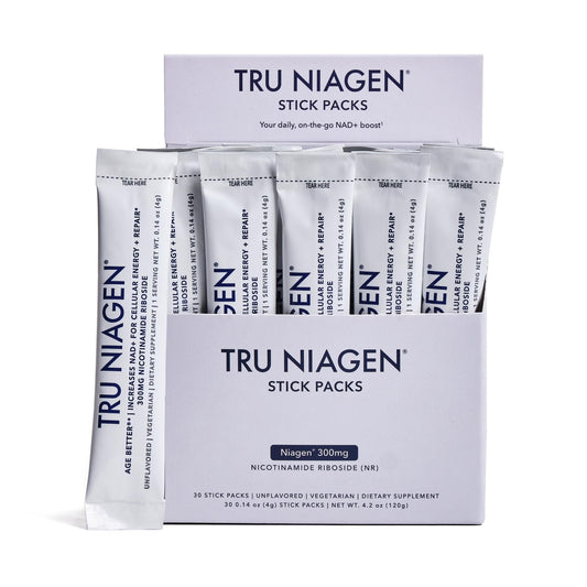 TRU NIAGEN empaque frontal mostrando sobres y beneficio de portabilidad