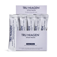 TRU NIAGEN empaque frontal mostrando sobres y beneficio de portabilidad