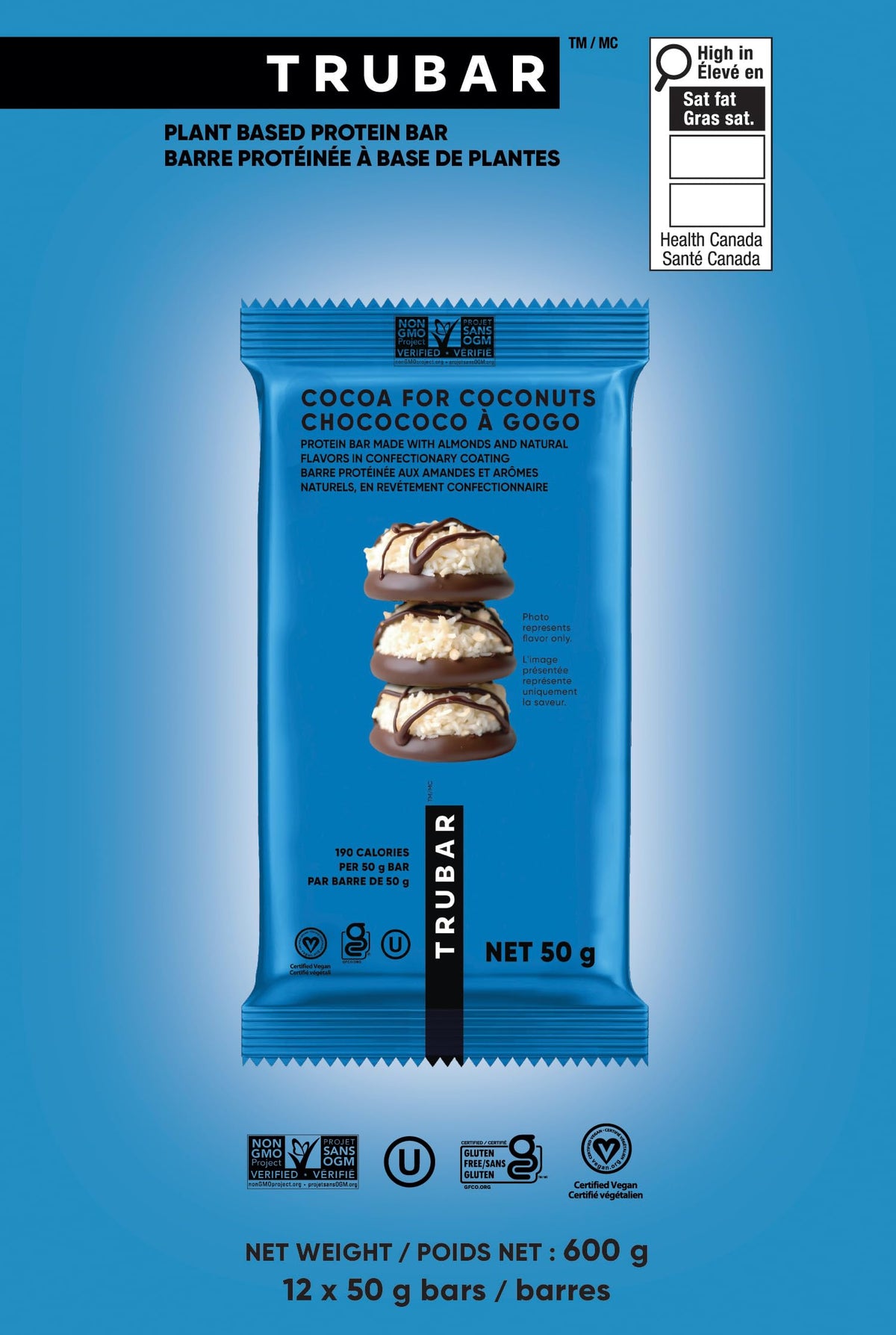 TRUBAR frontal del paquete mostrando sabor Cocoa For Coconuts y beneficios