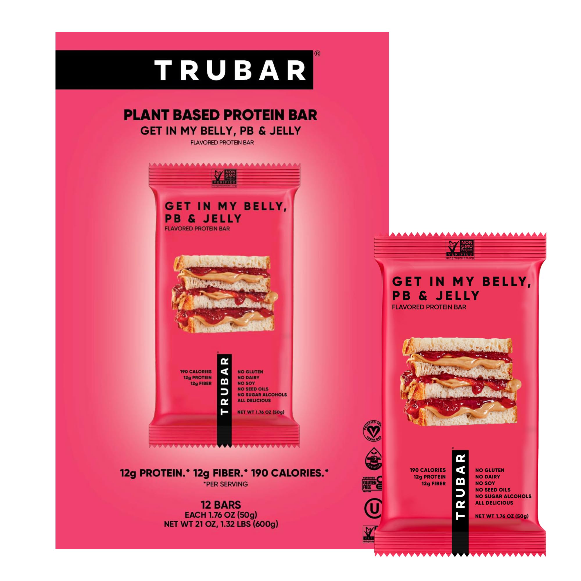TRUBAR frente del paquete mostrando sabor PB & Jelly y conveniencia