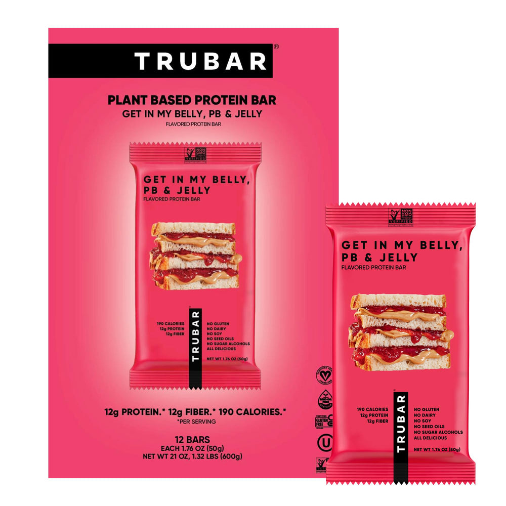TRUBAR frente del paquete mostrando sabor PB & Jelly y conveniencia