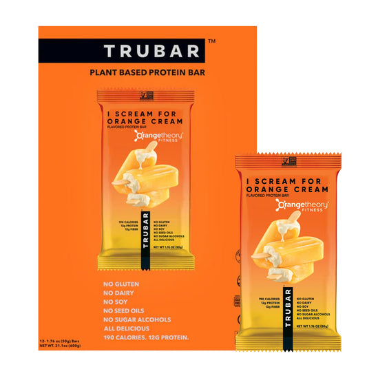 TRUBAR empaque frontal 12 unidades mostrando sabor crema de naranja y beneficios