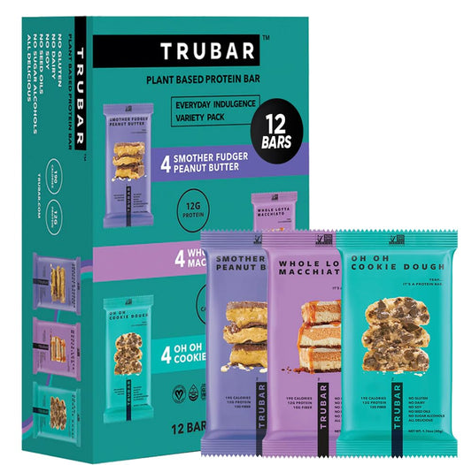 TRUBAR pack frontal mostrando tres sabores y beneficios protéicos