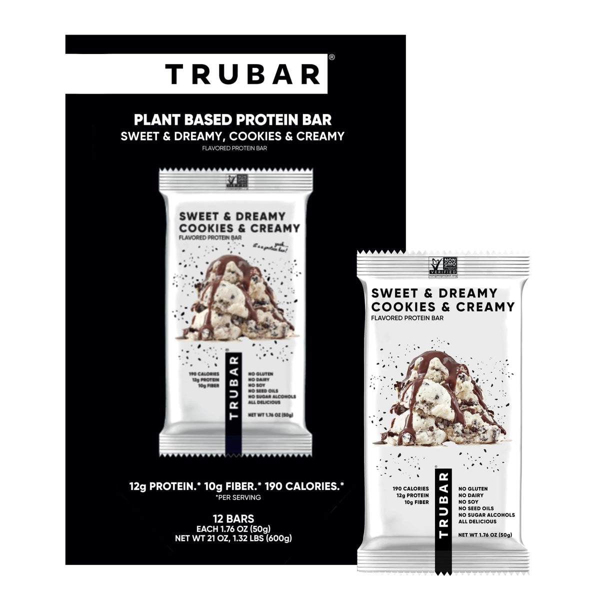 TRUBAR empaque frontal mostrando sabor Sweet & Dreamy y ventajas saludables
