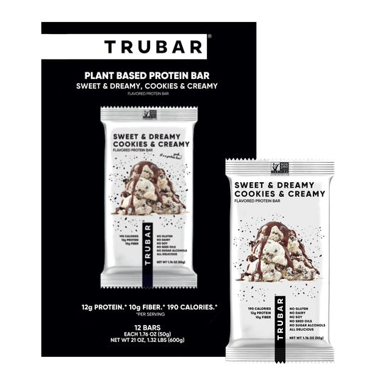TRUBAR empaque frontal mostrando sabor Sweet & Dreamy y ventajas saludables
