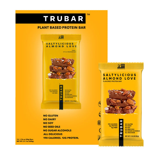 TRUBAR empaque frontal mostrando sabor Saltylicious Almond Love y beneficio práctico