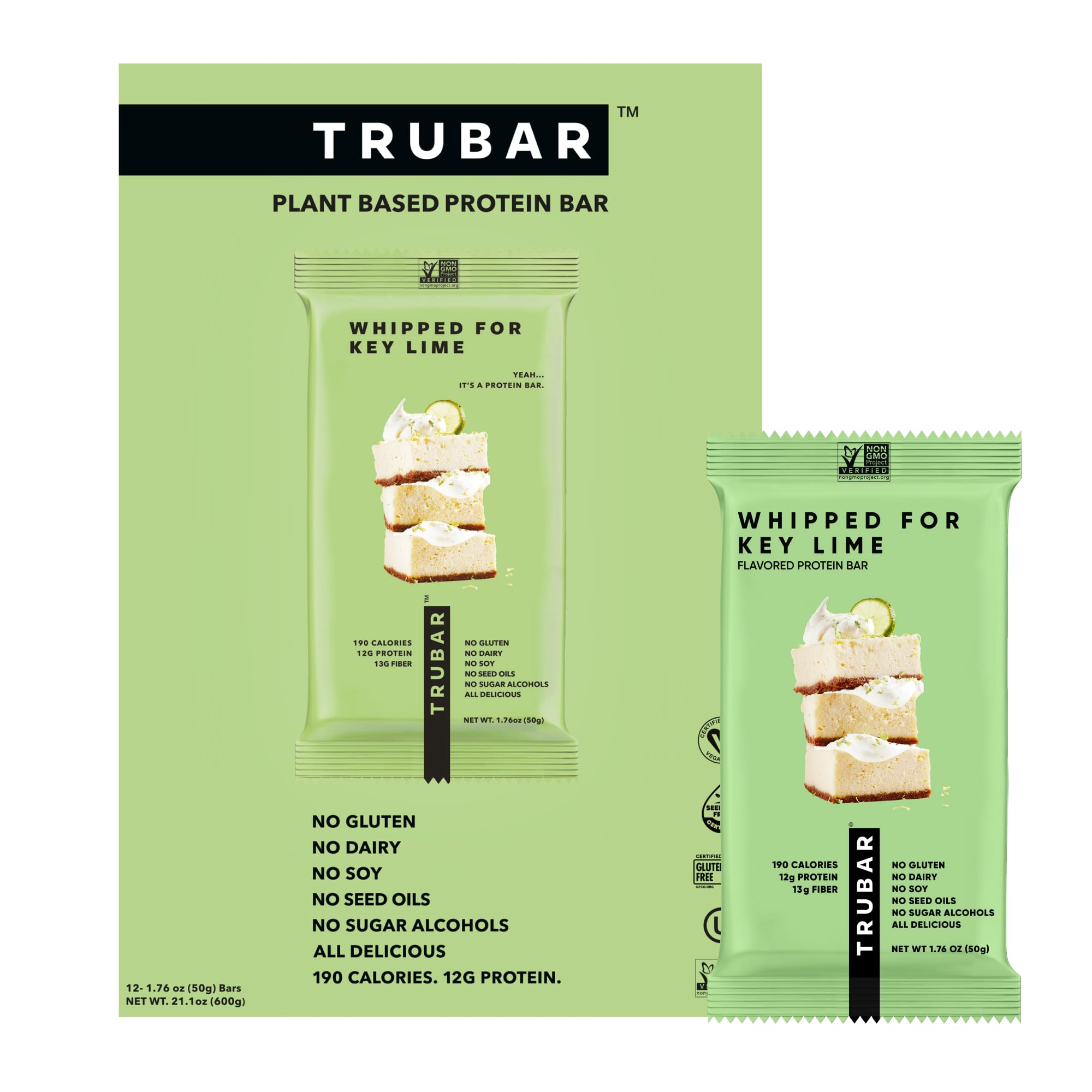 TRUBAR empaque frontal mostrando barra vegana y sabor Key Lime, conveniencia inmediata