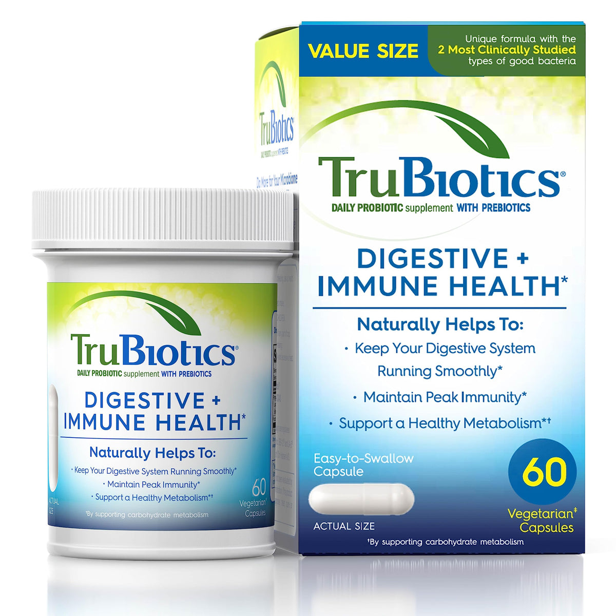 TruBiotics frente del empaque mostrando la marca y beneficios claros