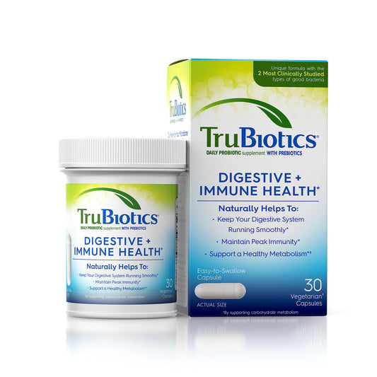 TruBiotics frente del envase mostrando beneficios y sin lácteos