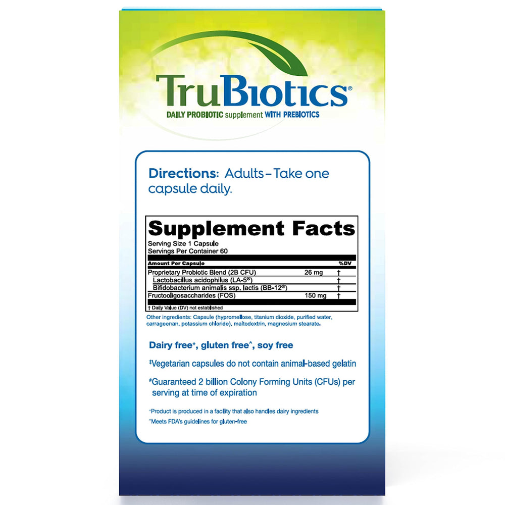 TruBiotics etiqueta con ingredientes destacando las cepas y prebióticos