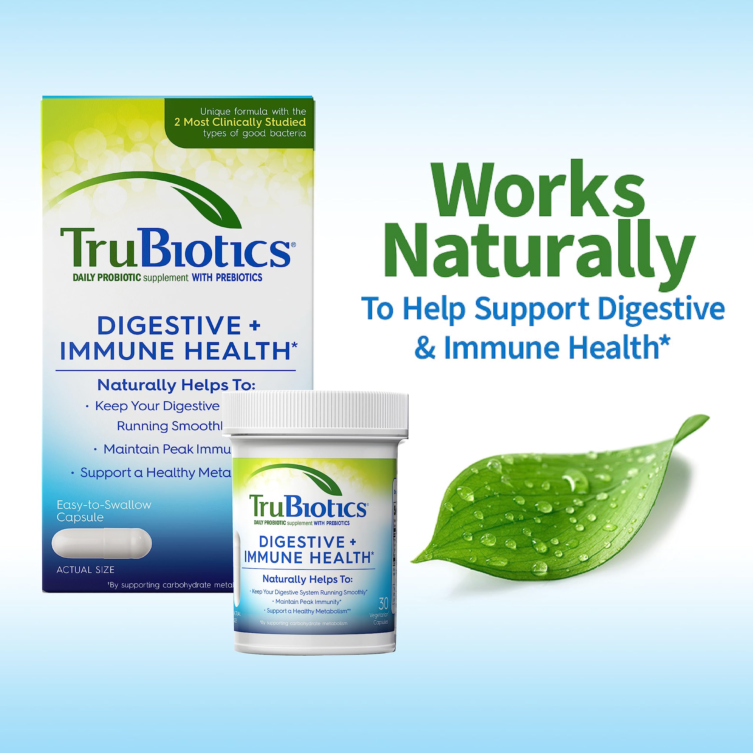 TruBiotics cápsulas junto a regla para ver tamaño y dosis práctica