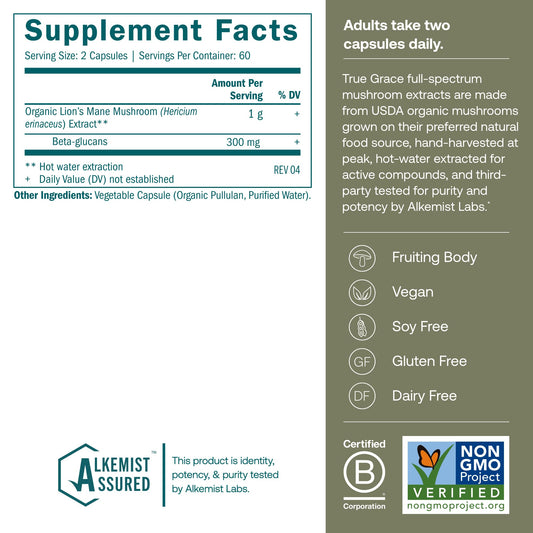 True Grace Lion’s Mane capsules close-up for daily focus exploration