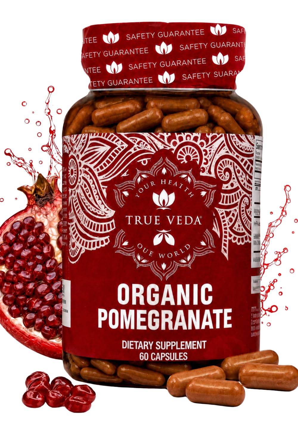 True Veda frente del envase de granada orgánica mostrando etiqueta clara y certificación USDA