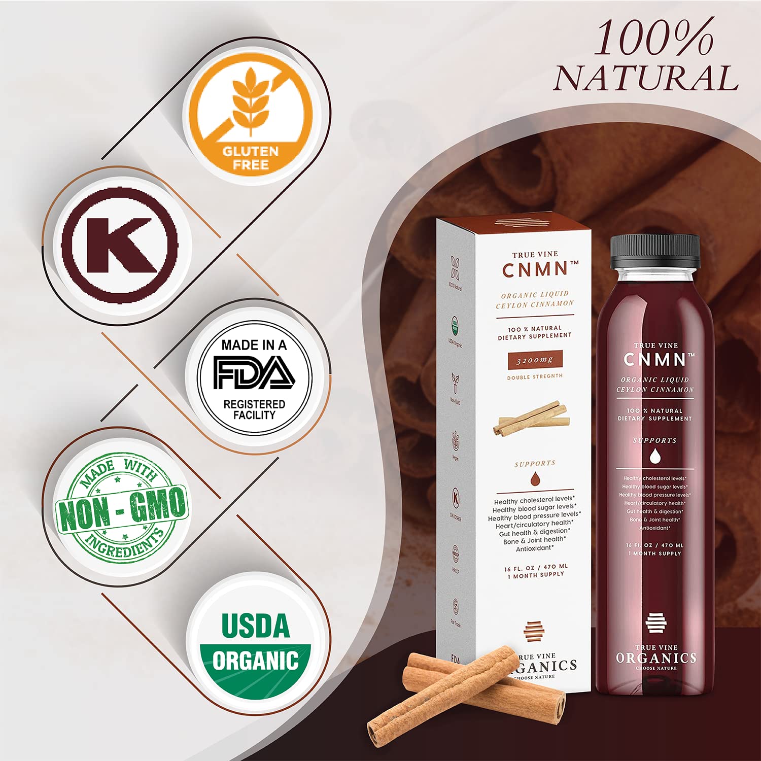 True Vine Organics botella junto a regla para comparación de tamaño