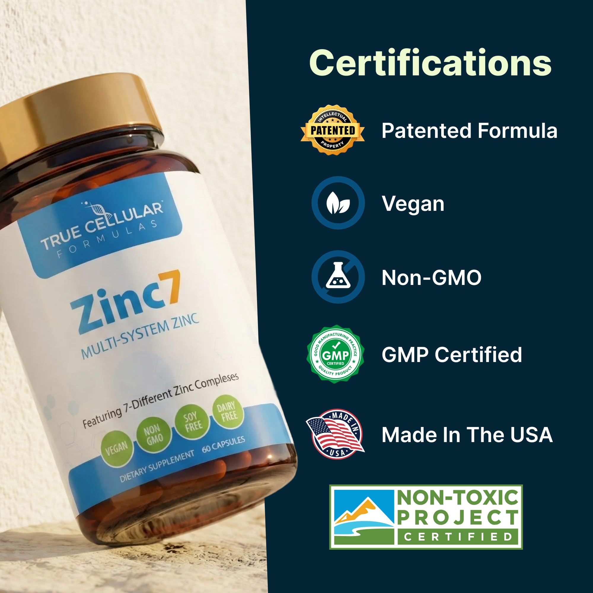 True Cellular Formulas Zinc7 sello vegano destacando aptitud para dietas vegetales