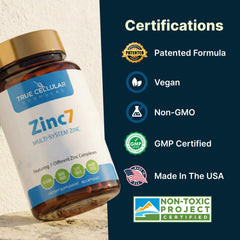 True Cellular Formulas Zinc7 sello vegano destacando aptitud para dietas vegetales