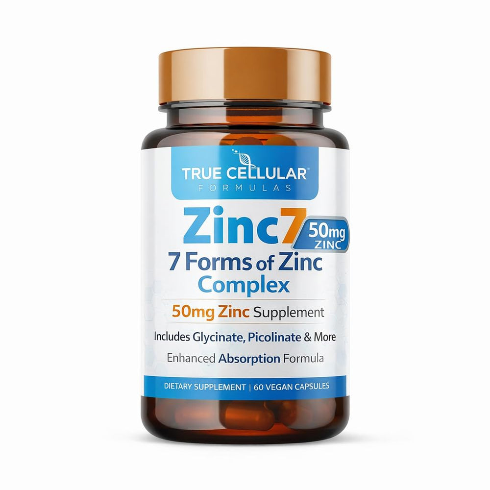 True Cellular Formulas Zinc7 paquete frontal mostrando diseño y beneficio de absorción