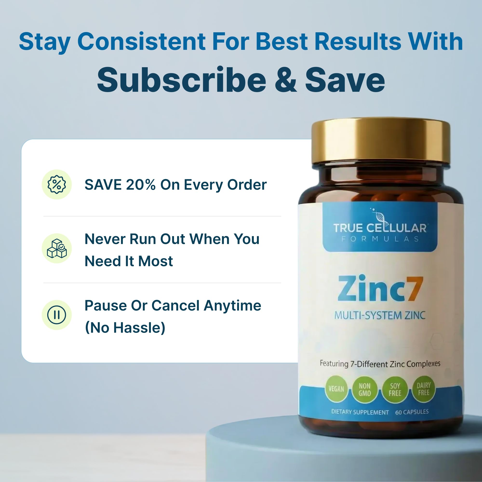 True Cellular Formulas Zinc7 frasco junto a cama sugiriendo apoyo a la recuperación nocturna