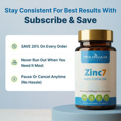 True Cellular Formulas Zinc7 frasco junto a cama sugiriendo apoyo a la recuperación nocturna