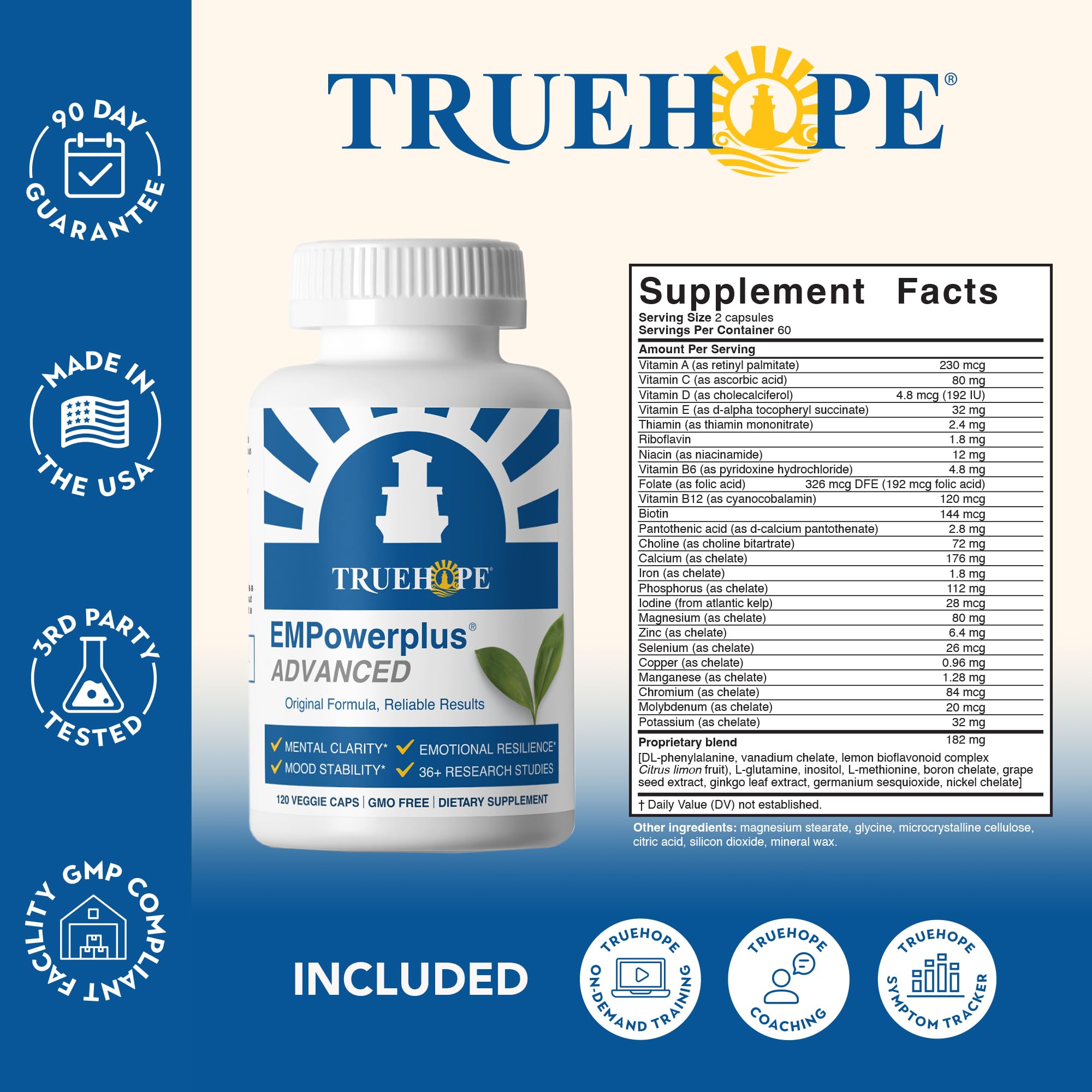 Truehope caja abierta con frasco interior y folleto de instrucciones claro