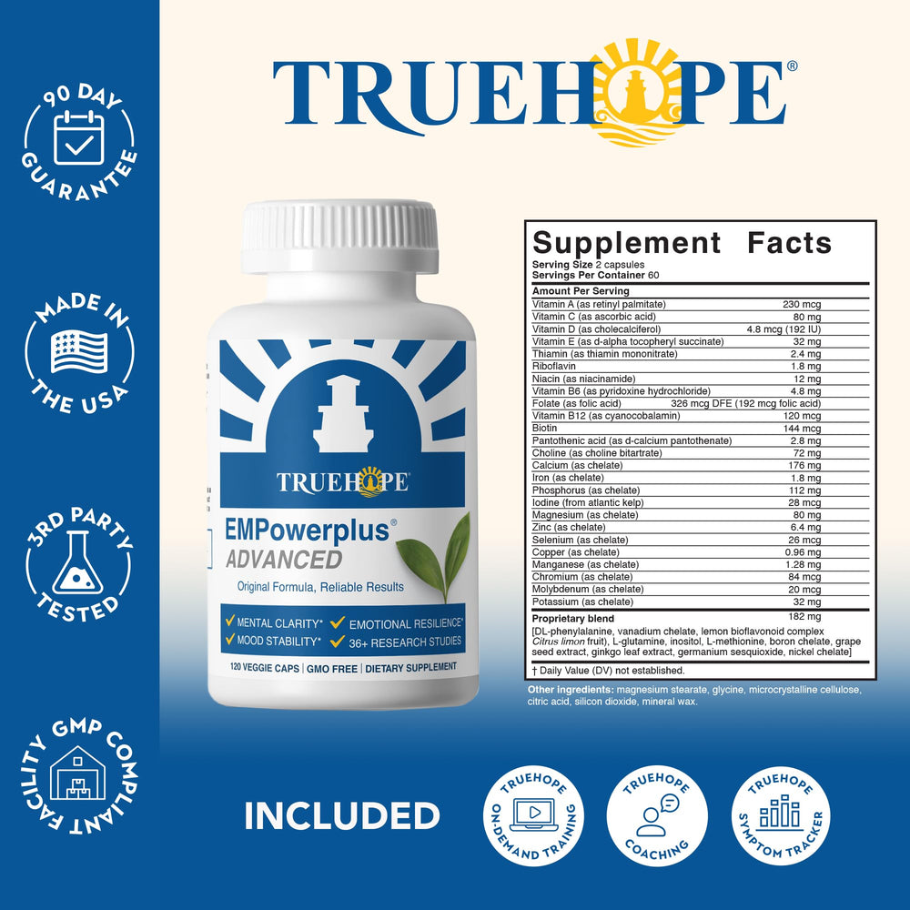 Truehope caja abierta con frasco interior y folleto de instrucciones claro