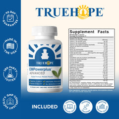 Truehope caja abierta con frasco interior y folleto de instrucciones claro