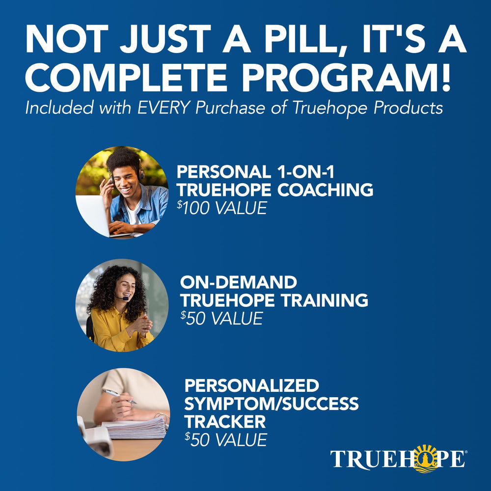 Truehope tabletas apiladas en primer plano con textura visible y fácil absorción