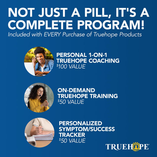 Truehope tabletas apiladas en primer plano con textura visible y fácil absorción