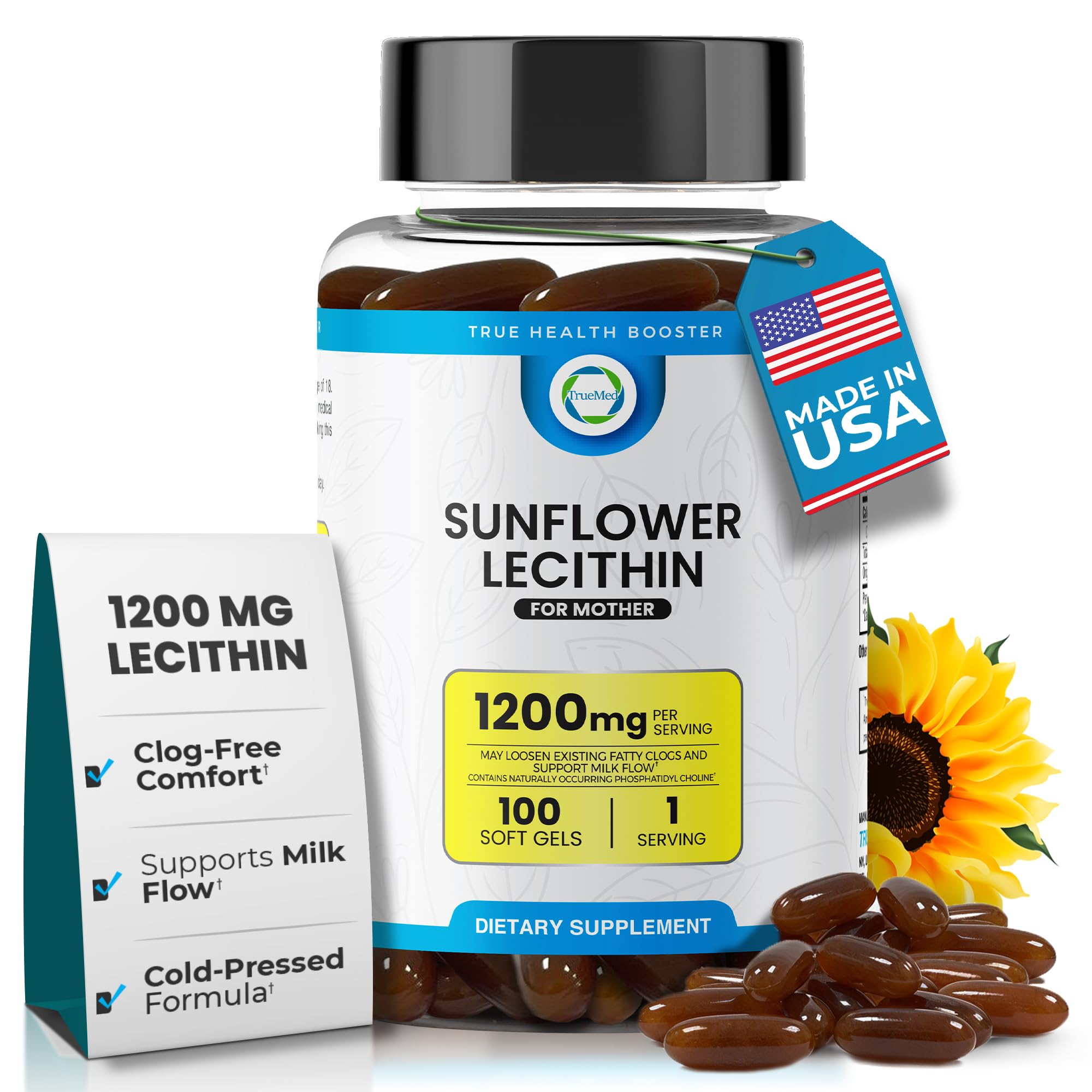 TRUEMED bote frontal con cápsulas de lecitina de girasol orgánica beneficios claros