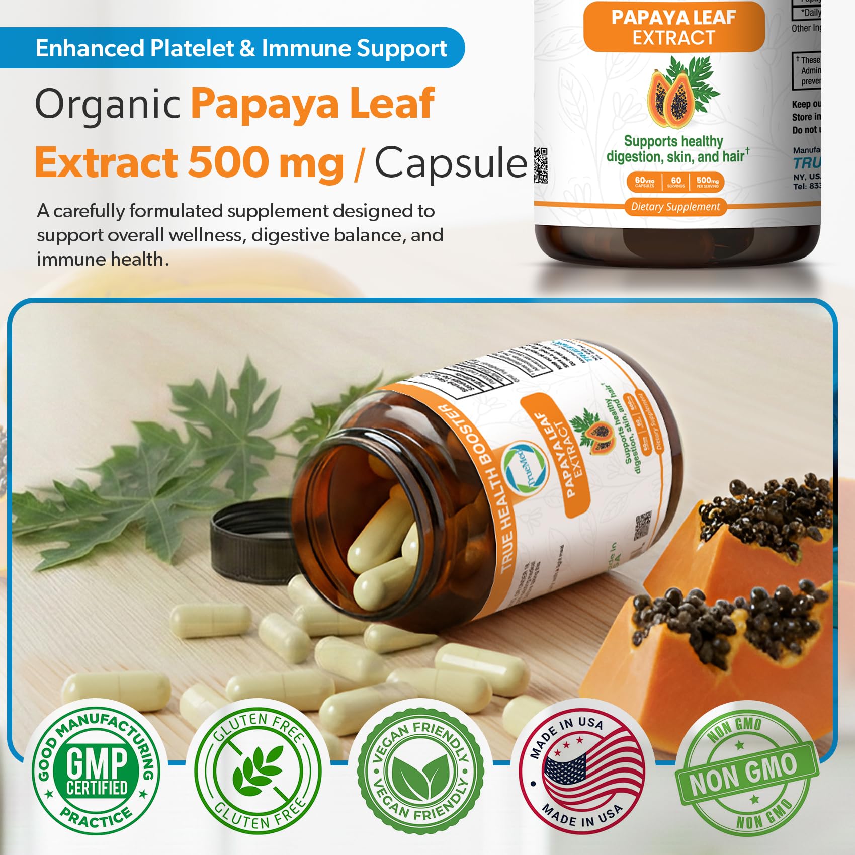 TRUEMED hoja de papaya en primer plano mostrando origen vegetal