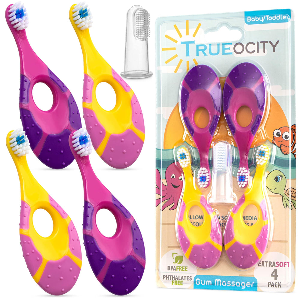 Trueocity vista frontal del pack 4 cepillos rosa y morado, rotación práctica