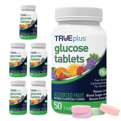 TRUEplus frasco frontal mostrando sabores y fácil apertura