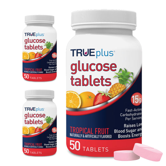 TRUEplus envase frontal con sabor frutas tropicales muestra presentación clara y confianza