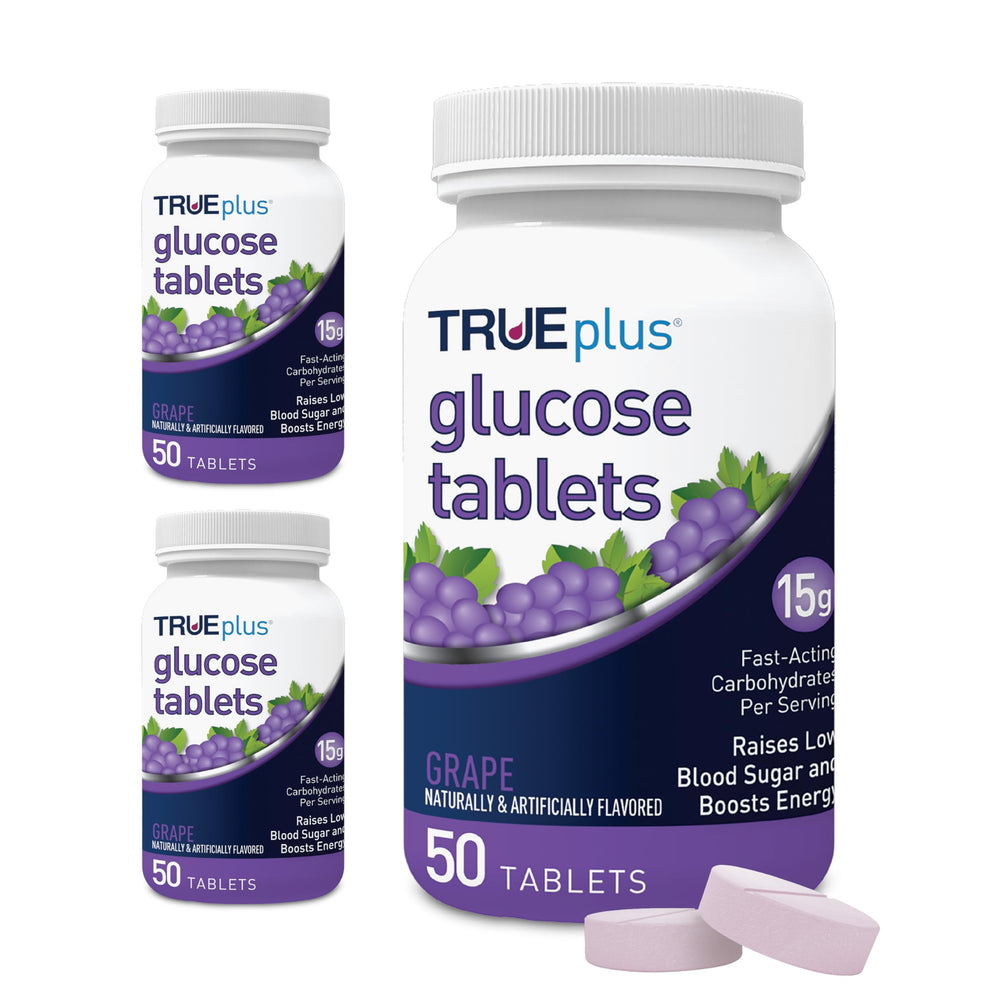 TRUEplus envase frontal pack de 3 botellas mostrando etiqueta y sabor uva, fácil identificación