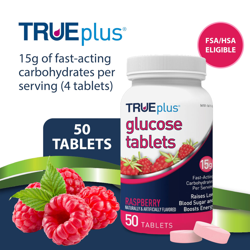 TRUEplus tabletas apiladas resaltando sabor frambuesa y fácil ingestión