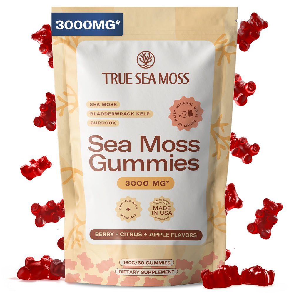 TrueSeaMoss frasco frontal mostrando 60 gomitas y beneficio de conveniencia