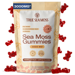 TrueSeaMoss frasco frontal mostrando 60 gomitas y beneficio de conveniencia