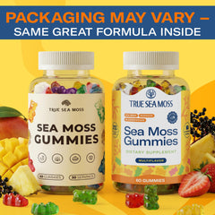 TrueSeaMoss ingredientes en primer plano: musgo, bardana y bladderwrack, claridad de fórmula