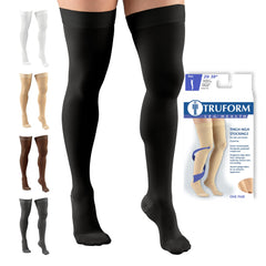 Truform empaque frontal negro mostrando medias muslo alto y compresión