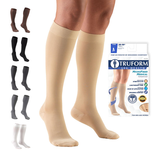 Truform empaque frontal mostrando medias beige y talla L beneficio soporte fiable