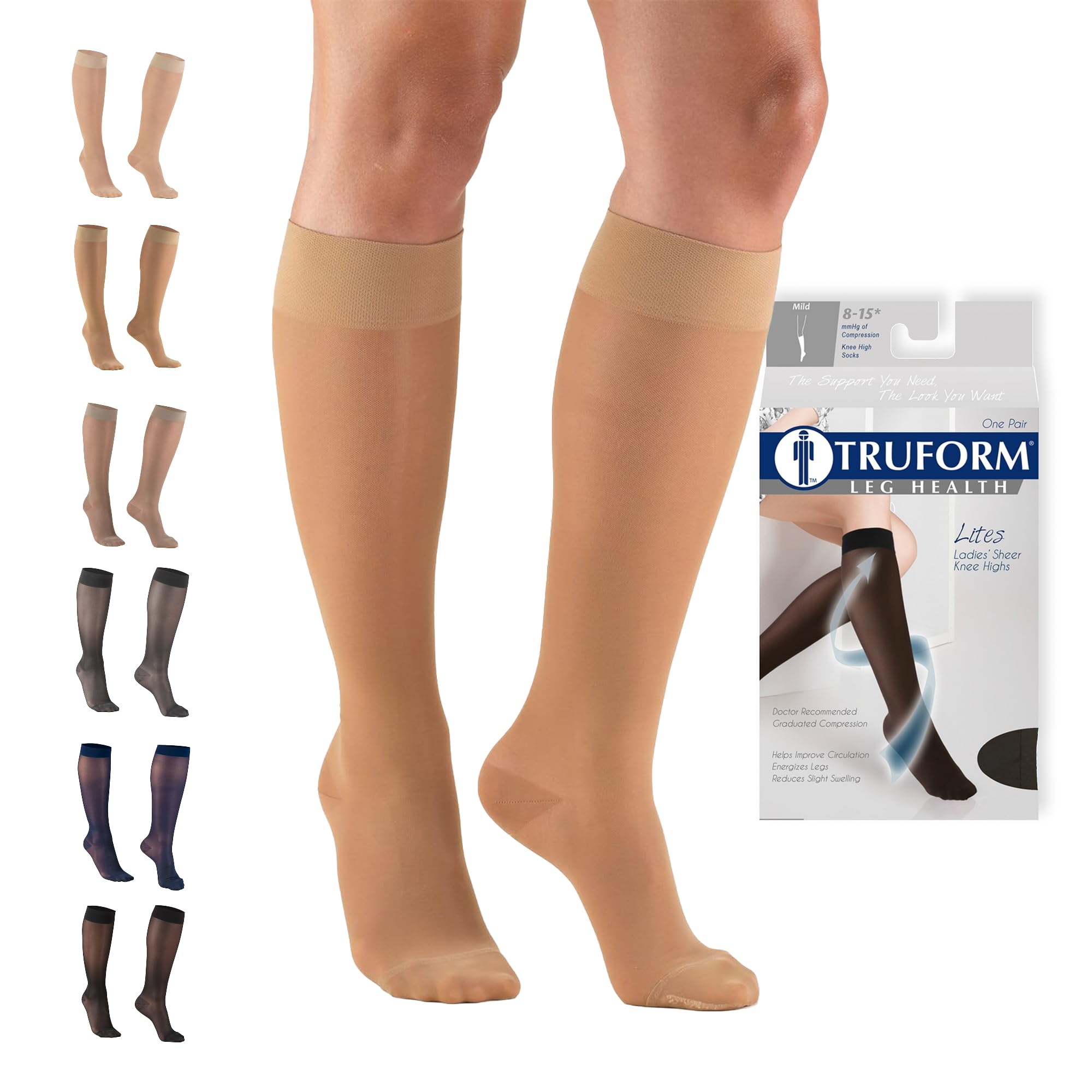 Truform empaquetado frontal mostrando medias y color beige, aspecto profesional
